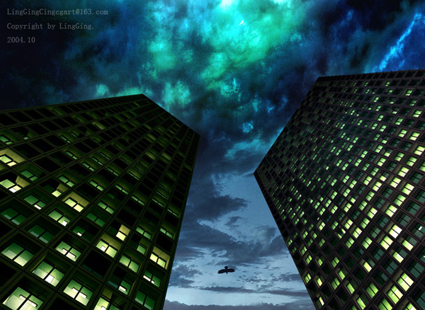 Night Sight Between Skyscrapers Exterior